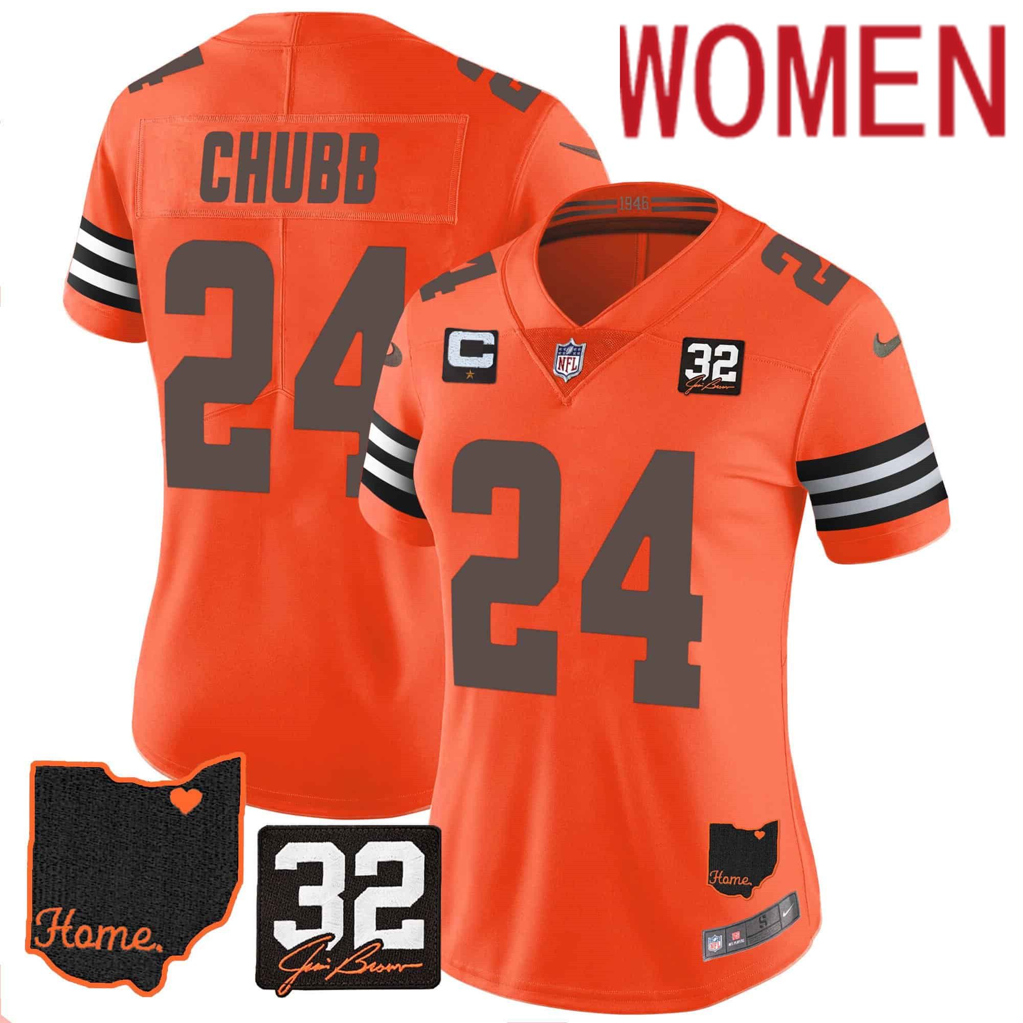 Women Cleveland Browns 24 Chubb Orange Memorial Home Patch 2024 Nike NFL Jersey